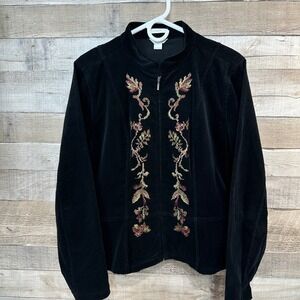 Christopher Banks Womens Black Corduroy Floral Embroidered Stretch Jacket Size L